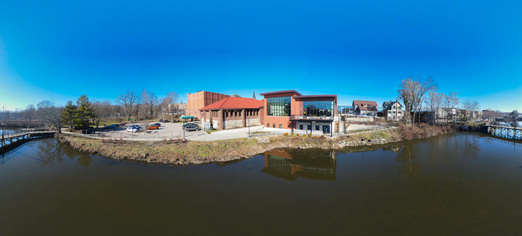 View of the Allegan Public Library as seen from above the Kalamazoo River