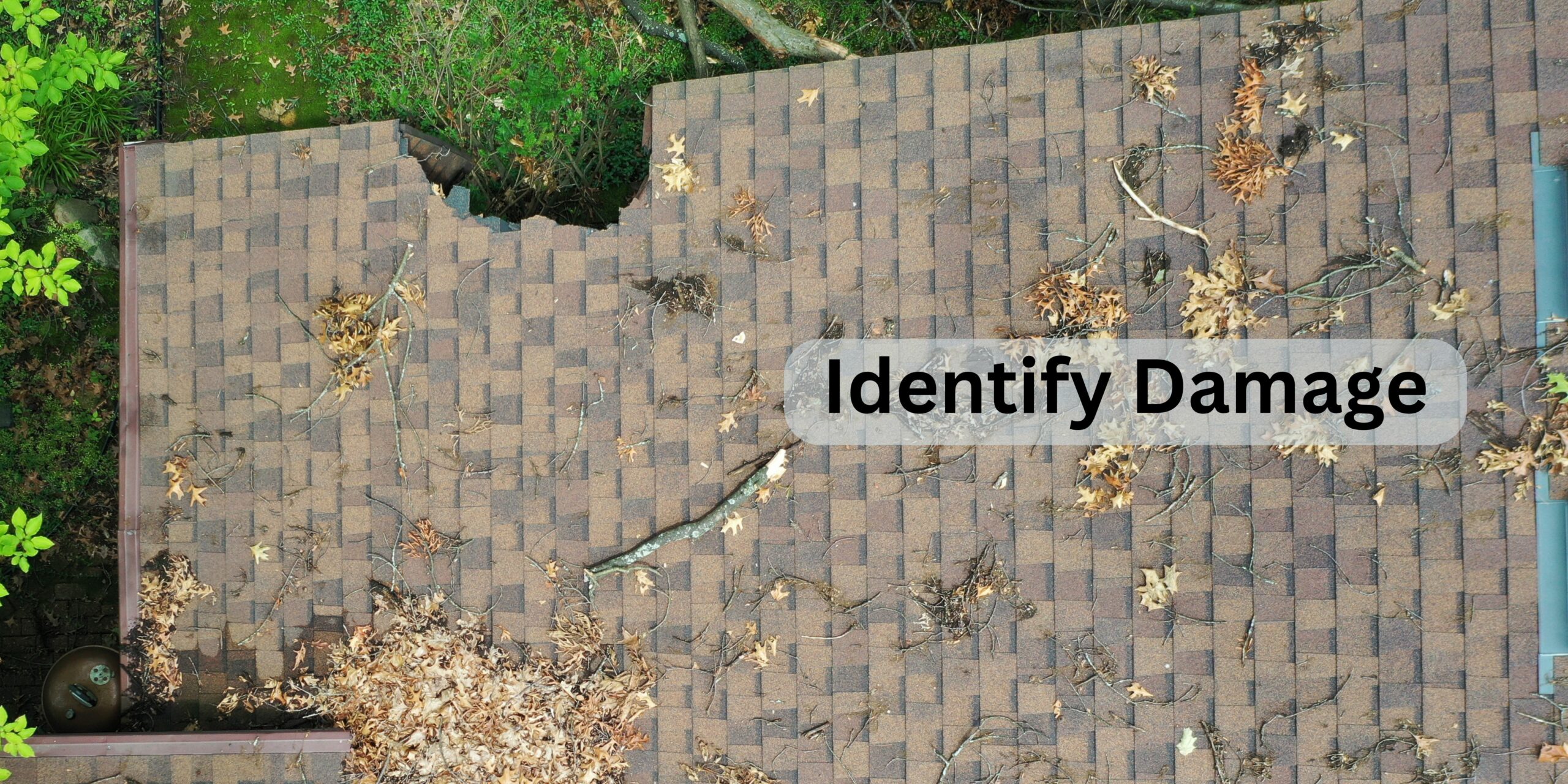 Top down view of a chunk taken out of a roof. The rest of the roof is covered in debris